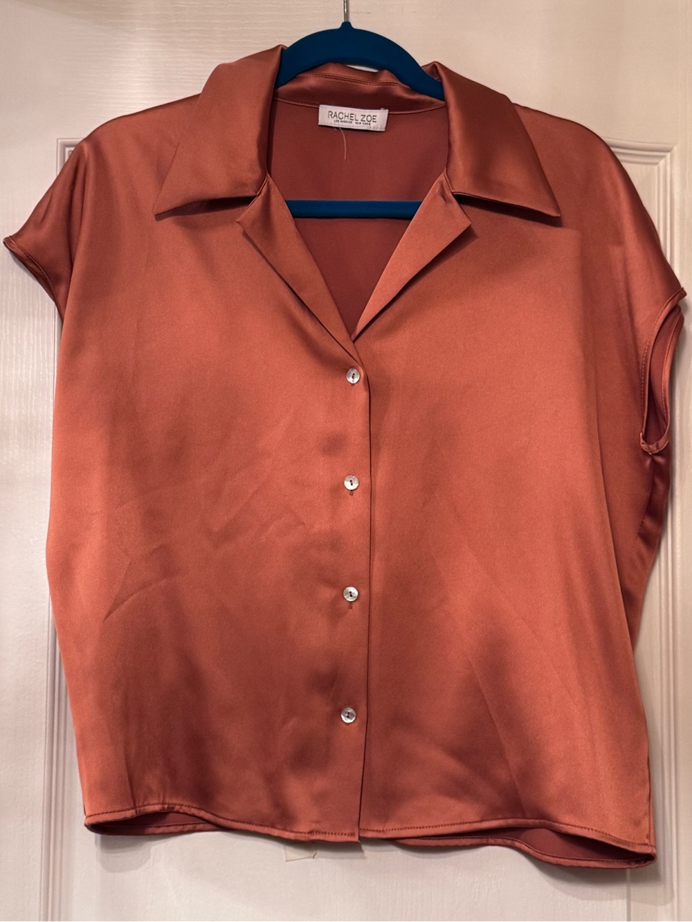 Rachel Zoe Copper Satin Short Sleeve Button-Down Top